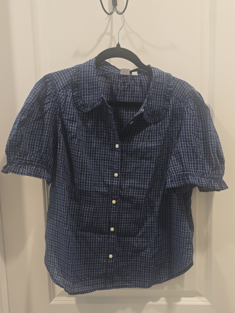 GAP Blue Plaid Puff-Sleeve Button-Up Blouse